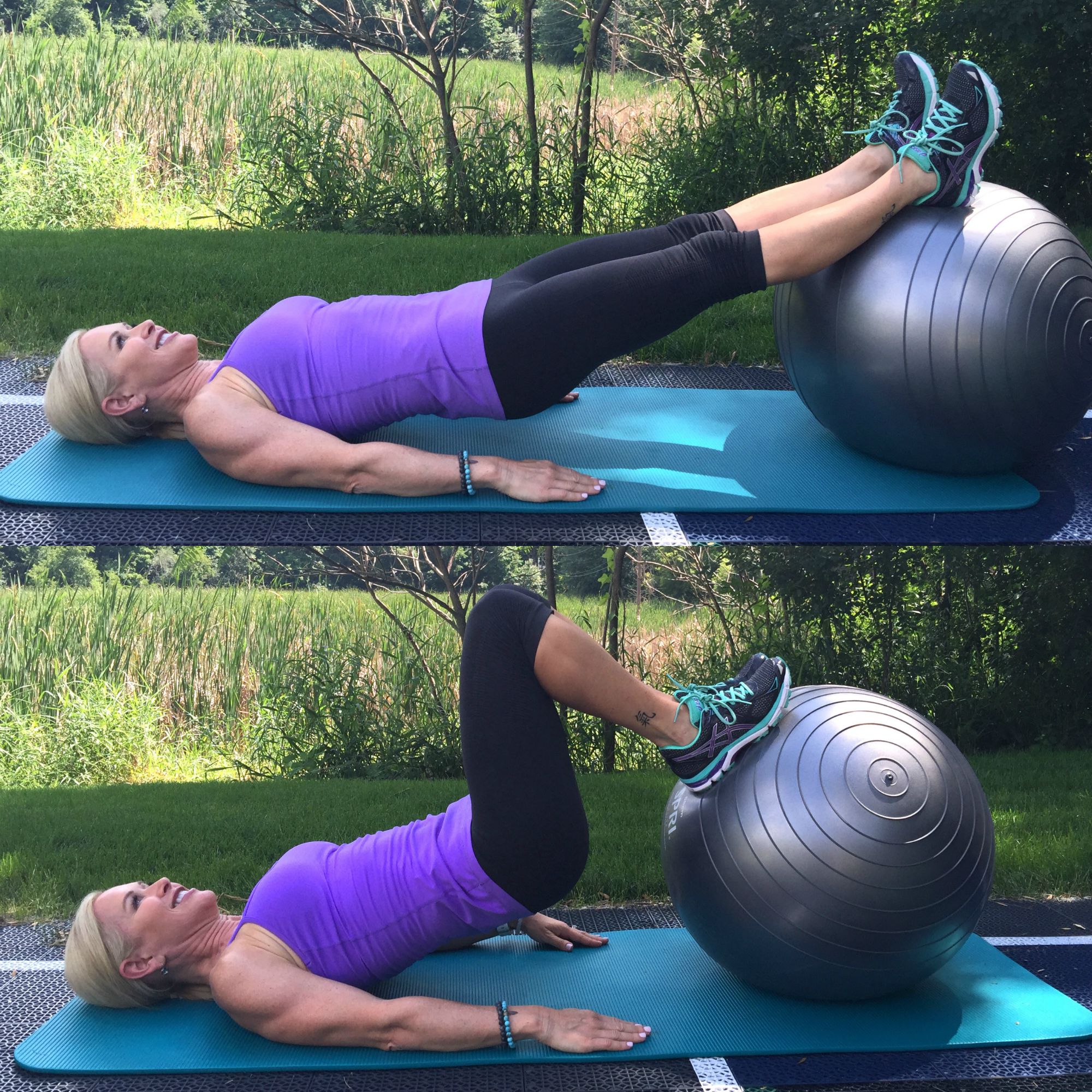woman laying down with feet on workout ball