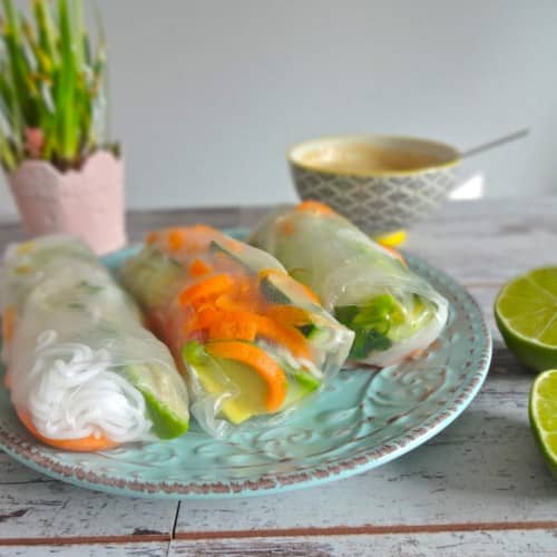 Make your own healthy thai spring rolls with peanut dipping sauce for a fresh and tasty gluten-free appetizer!