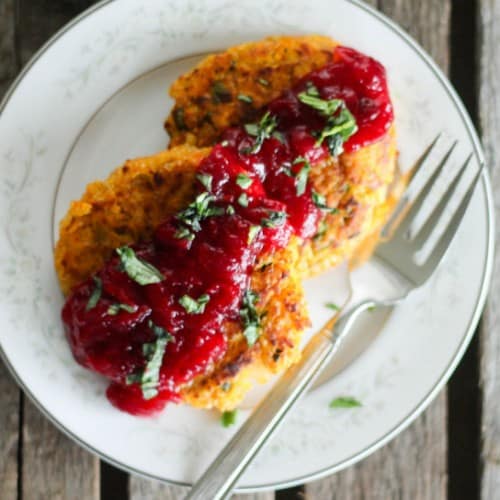 Holiday food: try these vegetarian and gluten free butternut squash quinoa patties with cranberry orange sauce. So yummy and so pretty!