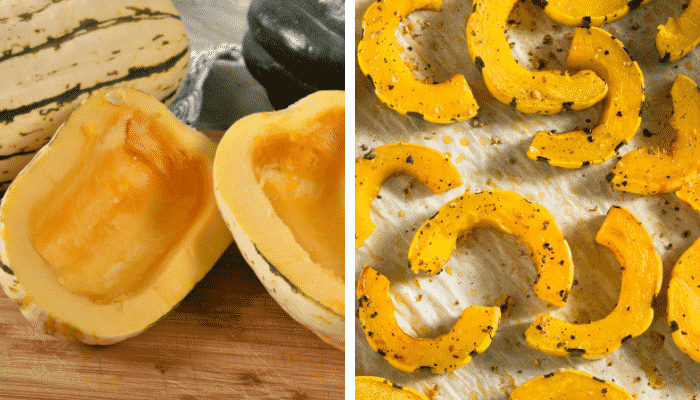 Delicata squash cut in half and then sliced into pieces for cooking