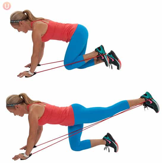 Try moves like this butt blaster to tone your glutes using a resistance band.