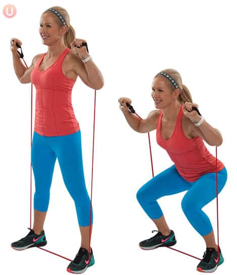 Try resistance band squats for a total body move to tone you head to toe.