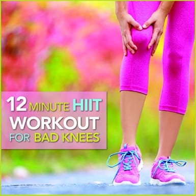 Bright colored outdoor background with woman's legs holding knee and text: 12 Minute HIIT Workout For Bad Knees