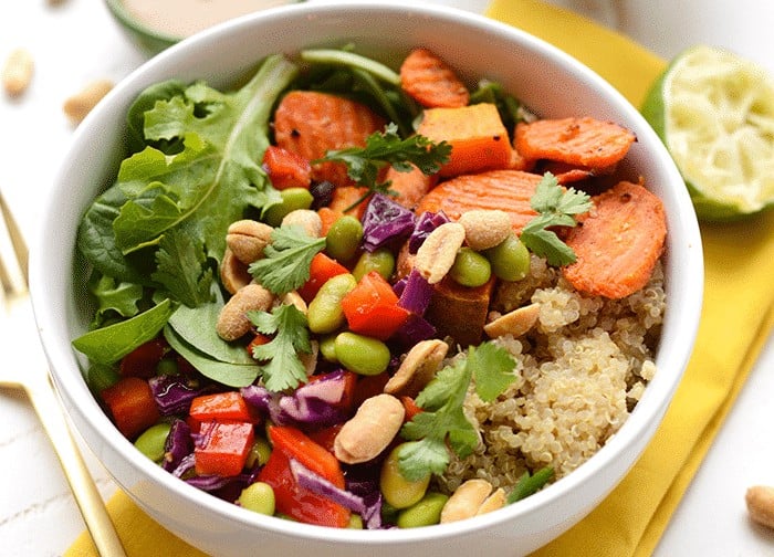 Healthy thai coconut buddha bowl with veggies and quinoa