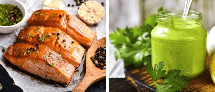 Side by side pictures of cooked salmon with spices and a glass jar of green yogurt sauce with cilantro and lemon