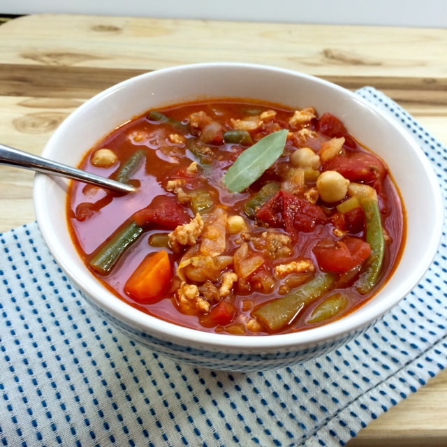 Whip up this skinny vegetable medley soup with Italian sausage and turkey for a protein packed meal brimming with vegetables and protein. #glutenfree