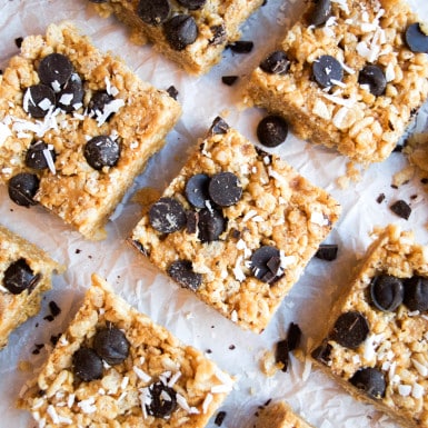 Whip up these delicious gluten-free chocolate chip coconut rice crispy bars for a healthier dessert that kids and adults with love.