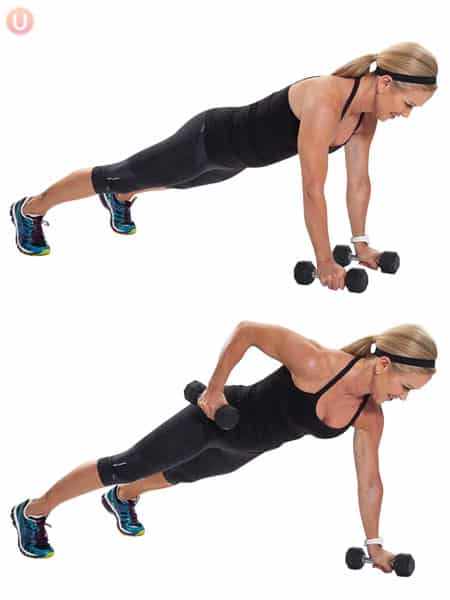 Renegade rows are a powerful move to tone your back and shoulders.