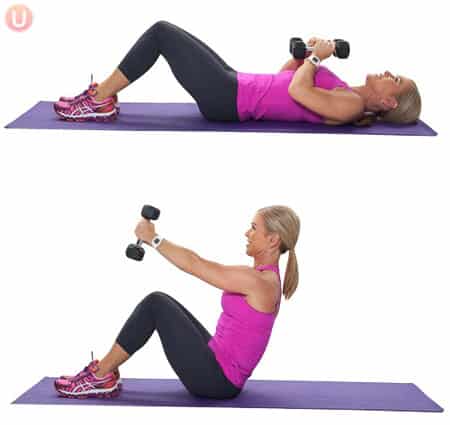 Here's how to do a sit up press with weights.