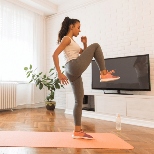 woman doing high knees in her living room.