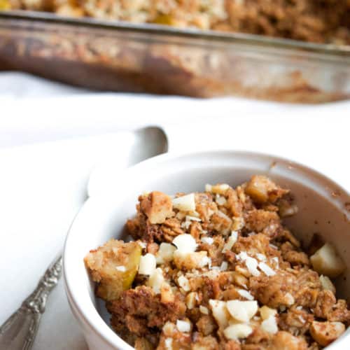 Great for company or a recipe you can eat all week, this apple cinnamon baked oatmeal is so tasty and topped with a macadamia nut crunch.
