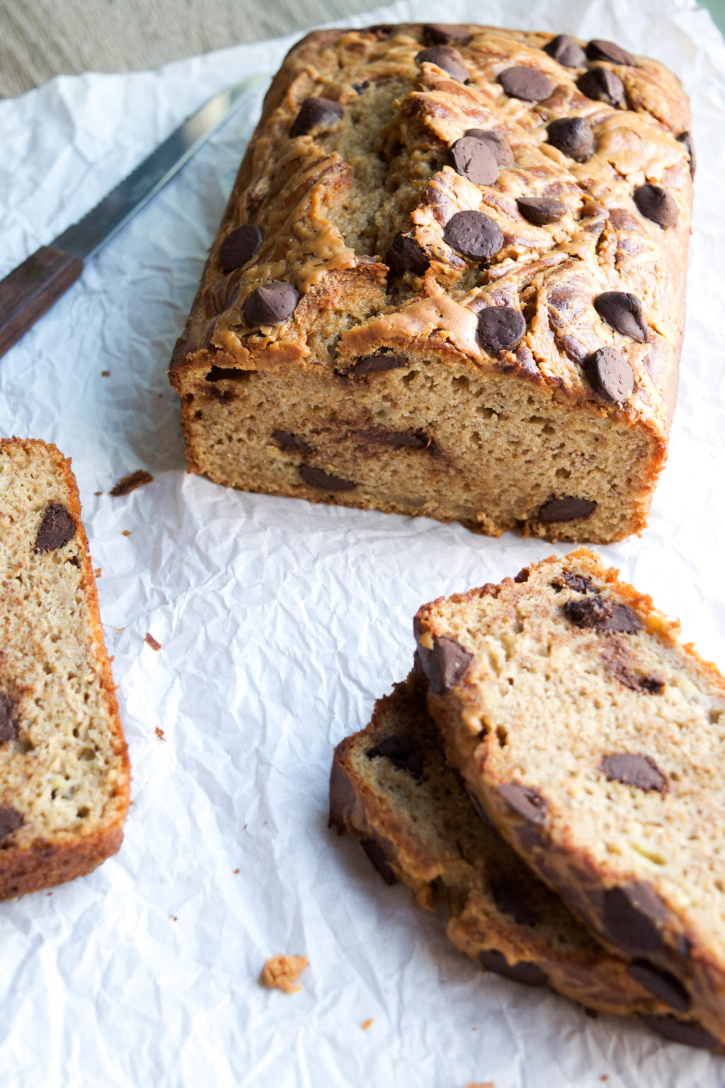 Chocolate Chip Banana Bread with Peanut Butter Drizzle - Get Healthy U