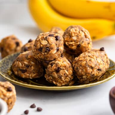 plate of no bake energy bites made with peanut butter and bananas