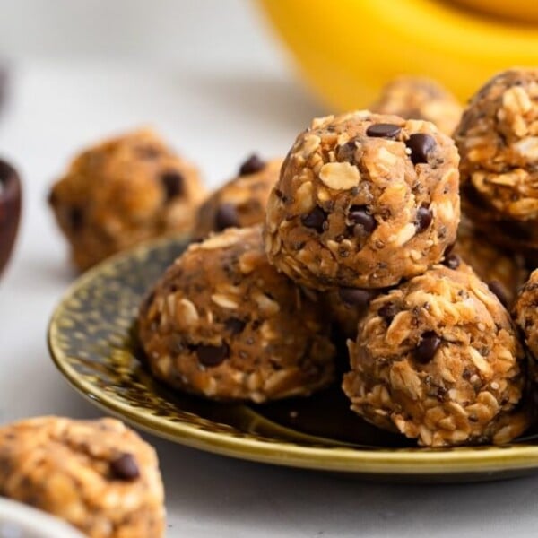 plate of no bake energy bites made with peanut butter and bananas