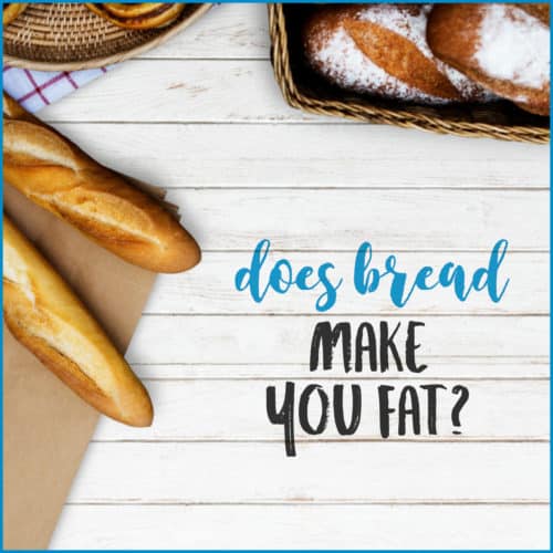 Baguettes and loaves of bread on white table with text "Does Bread Make You Fat?"
