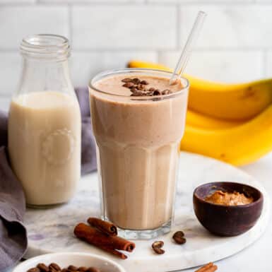 healthy coffee smoothie on counter with ingredients