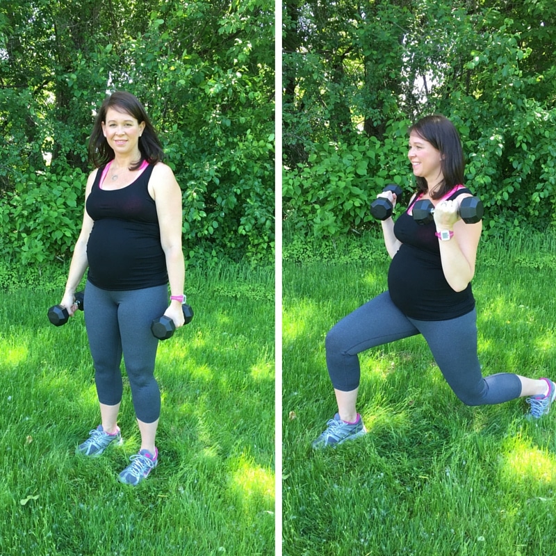 Try a stationary lunge with bicep curl as an effective prenatal strength training move.
