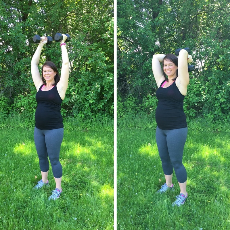 Try tricep overhead extensions to build strength even while pregnant.