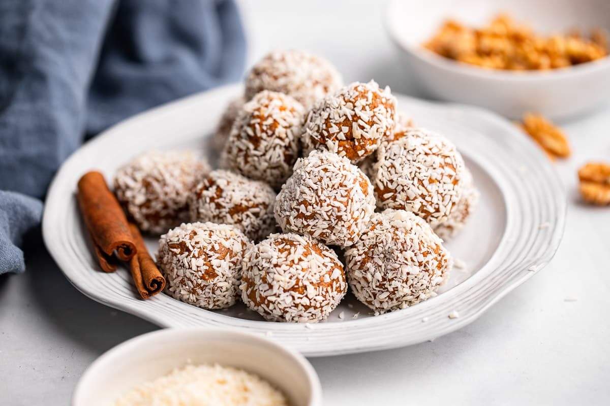 prepared carrot cake protein bites on platter