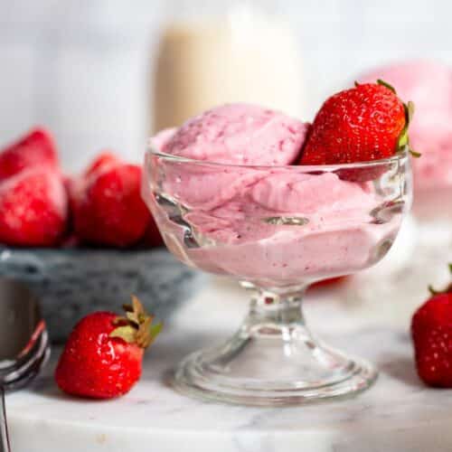 high protein strawberry cottage cheese ice cream cream in glass bowl