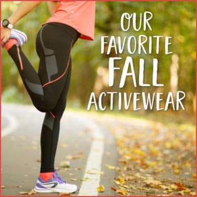 Women in athletic clothing stretching her quadricep with words saying "our favorite fall activewear" in white.