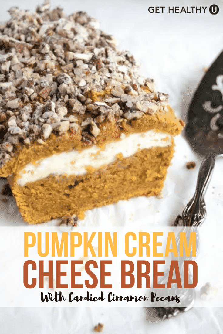 Get ready for fall with this pumpkin cream cheese bread with candied cinnamon pecans. Kids will love it and it is a healthier take on your classic pumpkin bread!