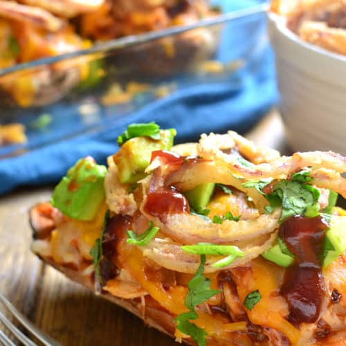 Try this delicious savory & sweet break from your boring typical dinner with this BBQ Chicken Baked Sweet Potato recipe!