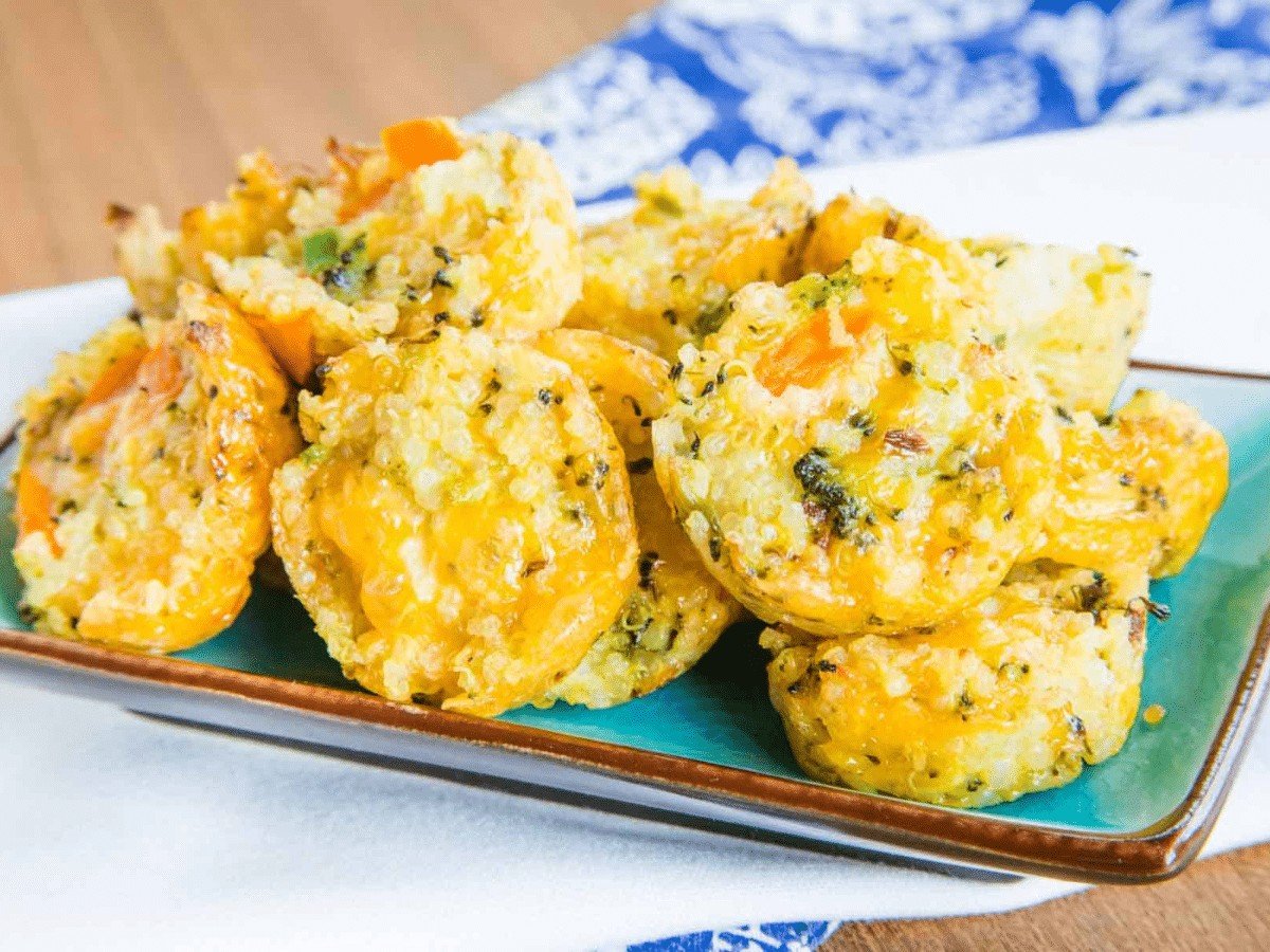 A plate of cheesy veggie quinoa bites.