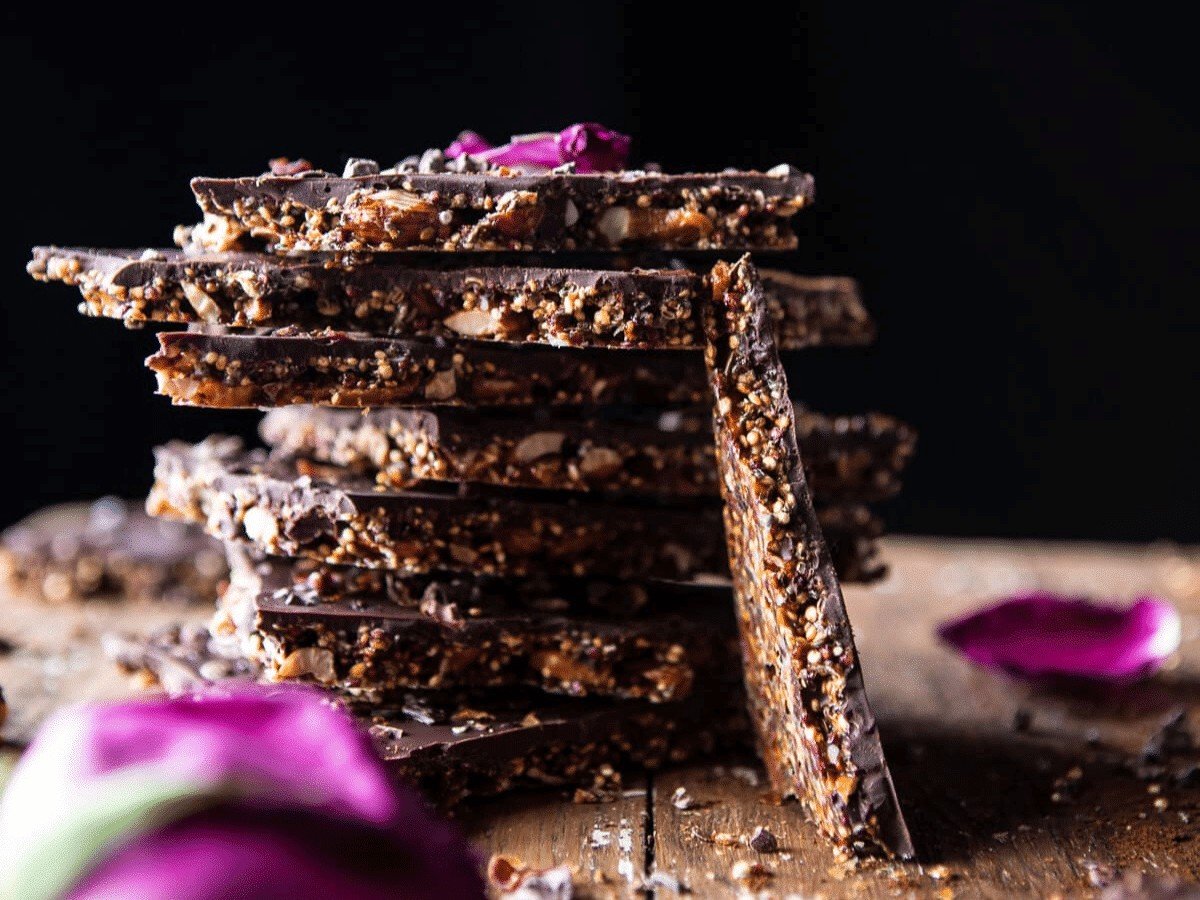 A  close-up view of a stack of chocolate quinoa bark.