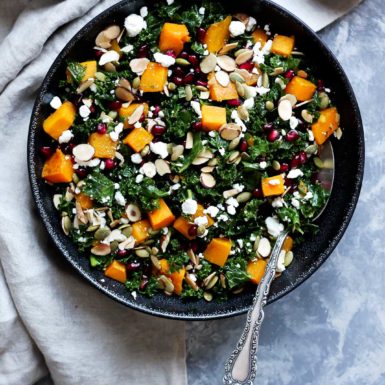 Check out this delicious Butternut Squash and Kale Salad with Pomegranate, Toasted Almonds and Goat Cheese!