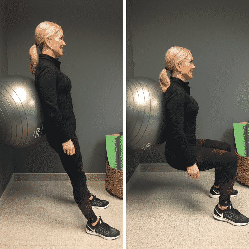 Demonstration of a stability ball wall squat alternative for bad knees