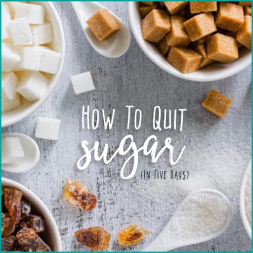Sugar cubes on gray table with How to Quit Sugar Written