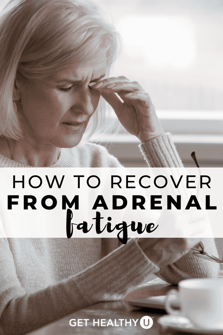 A pinnable image of a woman suffering from adrenal fatigue