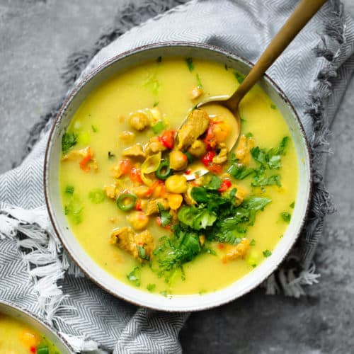 This delicious, healing winter recipe for Golden Turmeric Chickpea Chicken Soup is healthy, packed with protein and FULL of flavor!