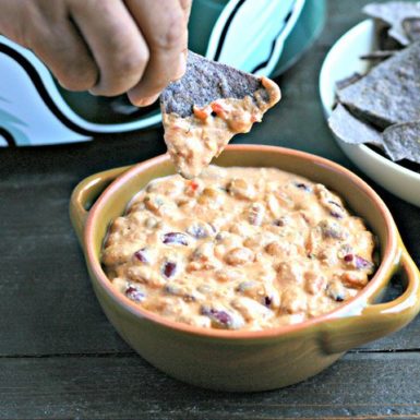 This easy 3 ingredient slow cooker creamy salsa dip is super easy to make and is one of our favorite vegetarian appetizers.