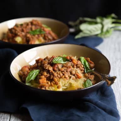 Try this super simple vegetarian slow cooker lentil sloppy joe recipe served over spaghetti squash for a delicious meatless meal.