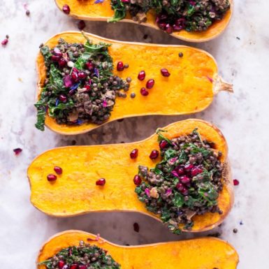 Check out this recipe for holiday stuffed butternut squash with lentils and kale!