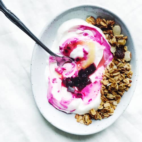 Check out this recipe for a delicious sweet beet yogurt bowl with granola! It's the perfect healthy breakfast that uses super-healthy ingredients to keep you full and energized all morning!