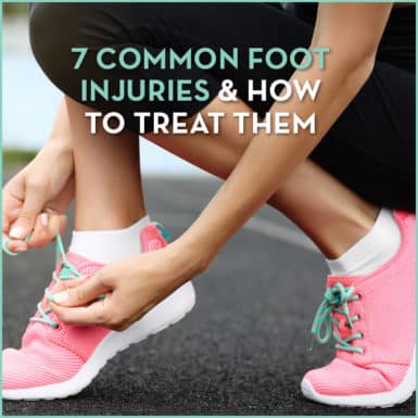 Woman tying pair of tennis shoes with text "7 common foot injuries and how to treat them"