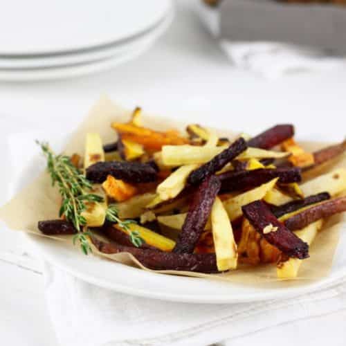 Check out this delicious recipe for garlic roasted root vegetable fries! This is a healthy snack, delicious appetizer, and is totally guilt-free!
