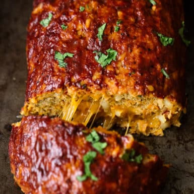 This is a healthy recipe for cheddar stuffed sweet potato turkey meatloaf.