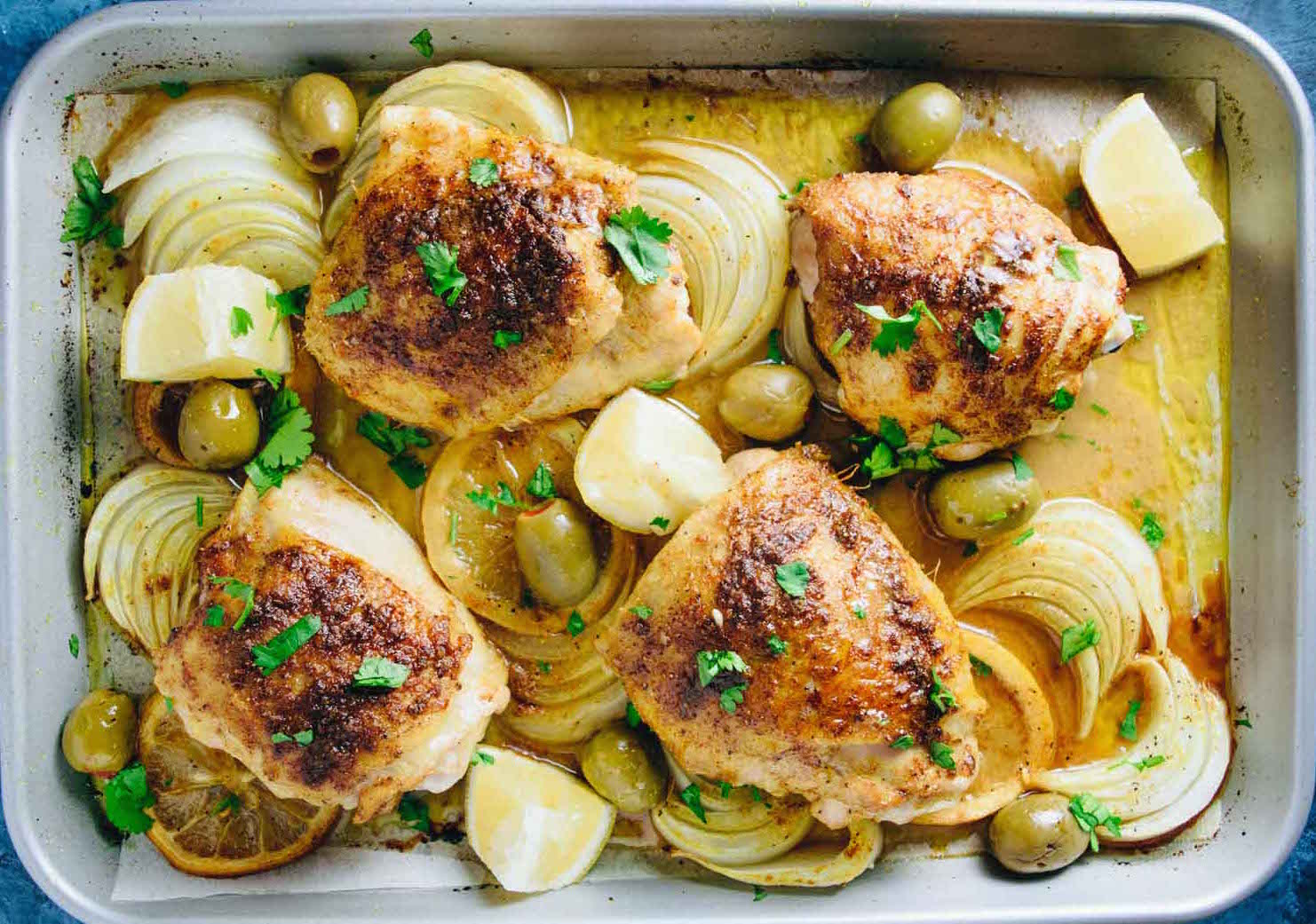 Moroccan Chicken with Olives, Lemons, and Fennel on a sheet pan
