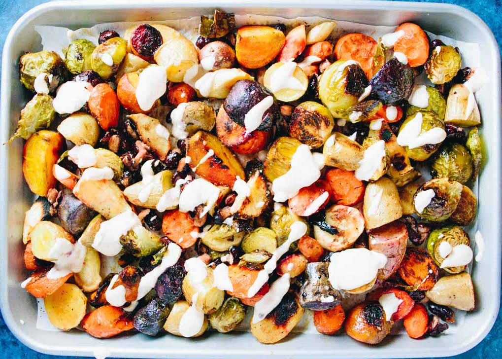 Vegetarian Roasted Root Veggies & Beans with Chipotle Cream on a sheet pan