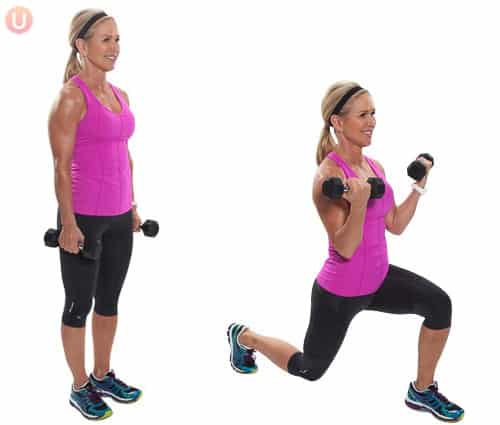 A forward lunge with bicep curl.
