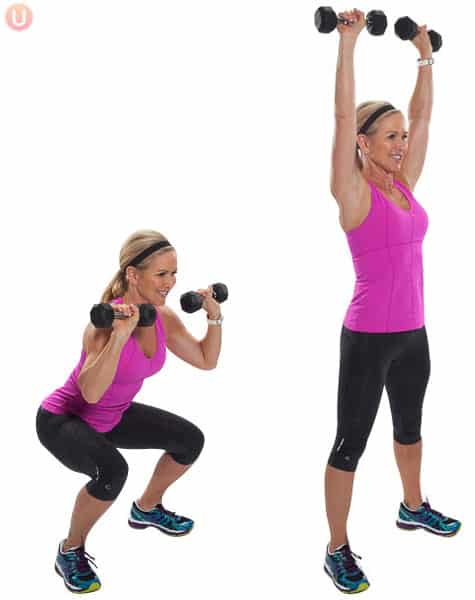 This exercise uses a squat plus an overhead press.