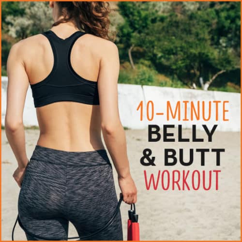 A woman in athletic clothing with text "10-Minute Belly & Butt Workout"