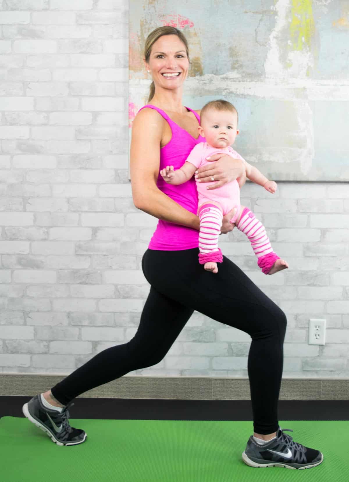 Reverse lunge with baby.