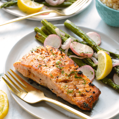 Check out this recipe for Lemon Butter Seared Salmon that is a healthy dinner and perfect for No-Meat Fridays during Lent!