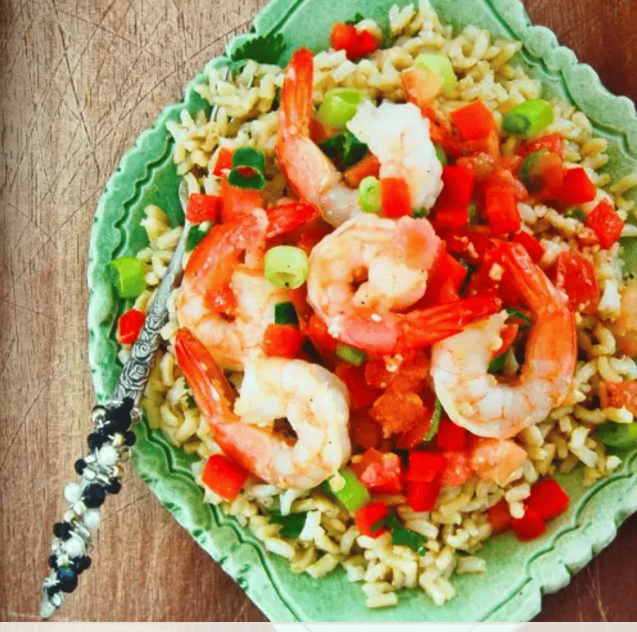 shrimp and rice in green dish