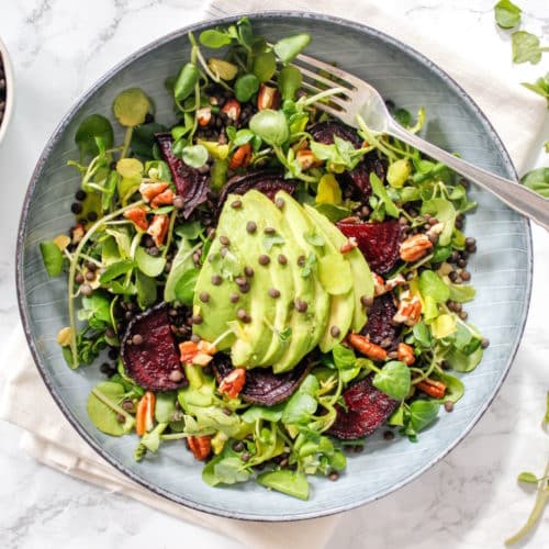 You'll never have a sad desk lunch again with this delicious watercress, beet, avocado and lentil salad.